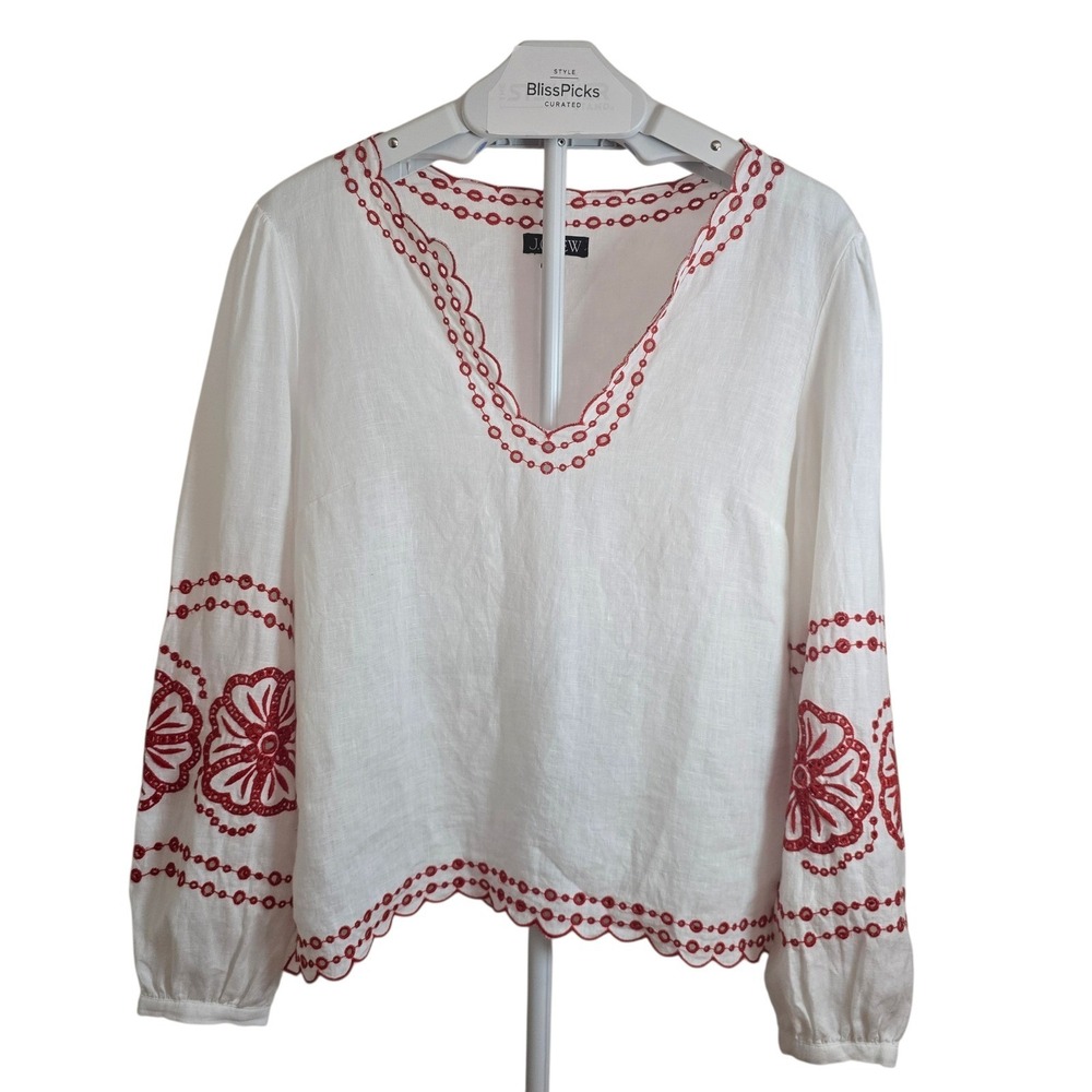 J.Crew‎ White Linen Embroidered Long Sleeve Blouse Red Floral V Neck Size S